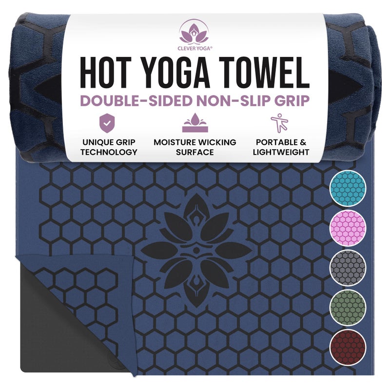 Clever Yoga Hot Yoga Mat Towel â€“ Non-Slip Grip for Hot Yoga, Sweat Absorbent, Honeycomb Silicone Grip, Stays Flat â€“ Ideal for Pilates, Travel, Washable & Lightweight - Dark Blue - Image 1